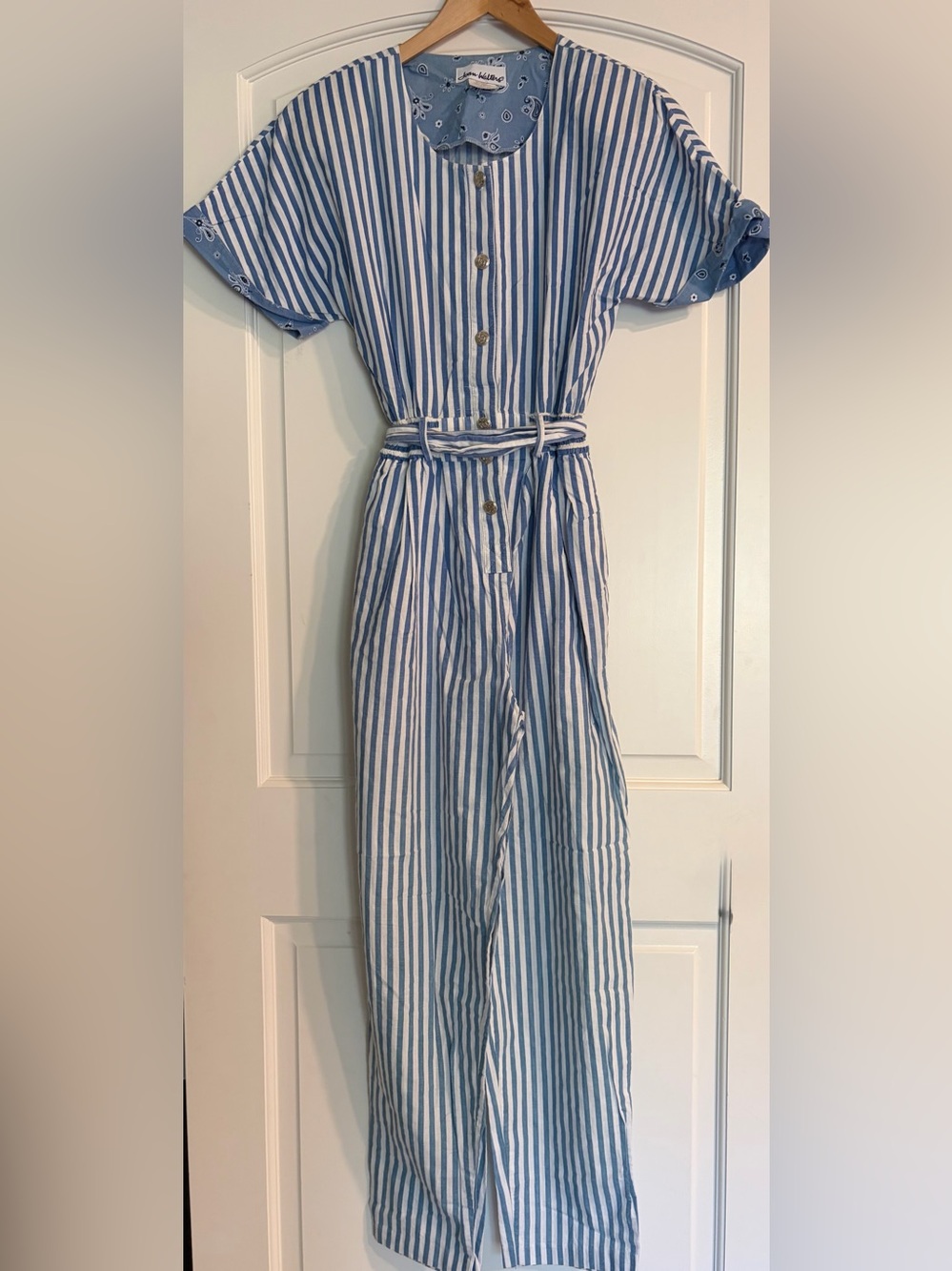 Joan Walters Blue and White Vertical Stripe Vintage Button-Front Belted Jumpsuit